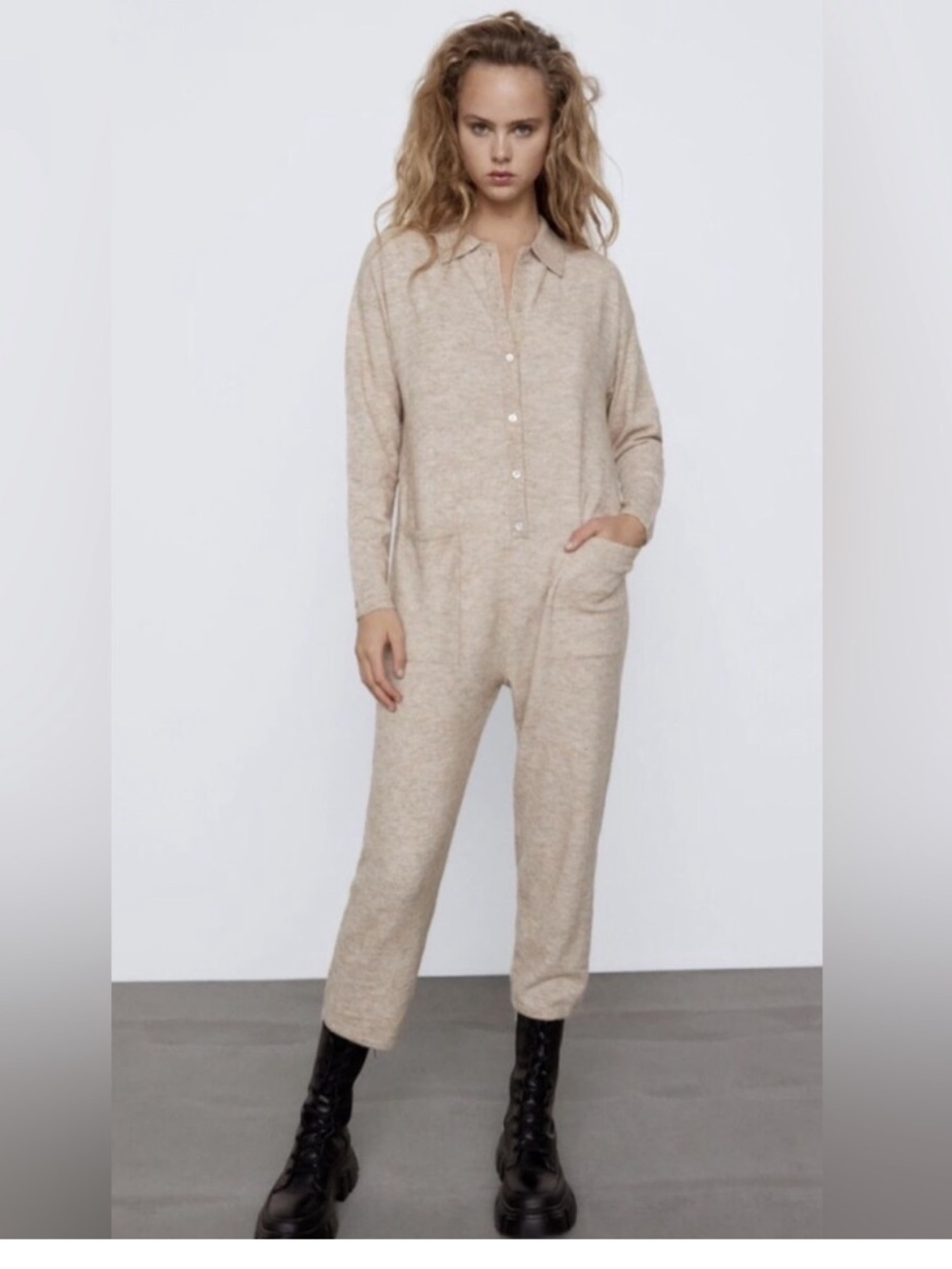 EUC ZARA WOOL BLEND  Button-Front Knit Jumpsuit in Beige